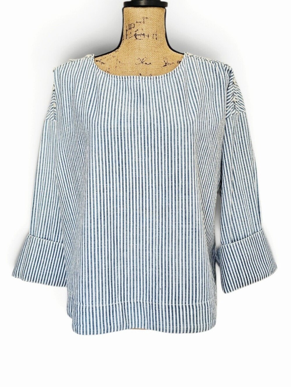 Madewell Nautical 100% Cotton Navy and White Striped Relaxed Sleeve Top, Size M